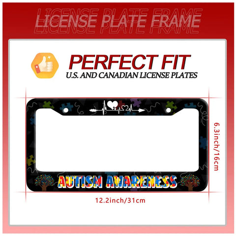 Colorful License Plate Frame With Puzzle Heartbeat Line Design In Premium Stainless Steel includes fitment dimensions and autism message.