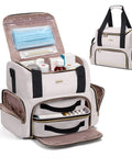 Large Medicine Storage Bag With Two Removable Cases Travel Organizer With Multiple Compartments Durable Beige With Shoulder Strap And Handles Ideal For Home Or On The Go, featuring opened compartments with medicines and supplies visible.
