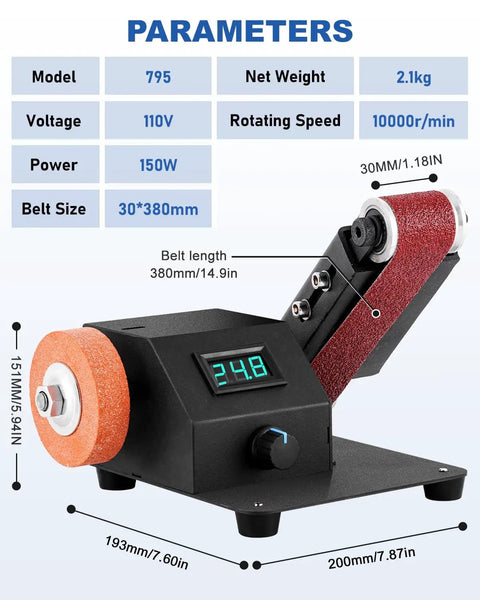 Mini Belt Sander Knife Sharpener With Variable Speed Electric Power Belt Grinder And 15 Piece 1.2x15in Multi Grit Belts shown with parameters