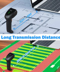 Bluetooth Wireless 2D Barcode Scanner With Auto Sensing Stand Hands Free Scanning When Placed On The Stand Battery Level Indicator And Multi Mode QR Code Reading Ideal For Retail Inventory And Point Of Sale shown next to laptop with distance indication.