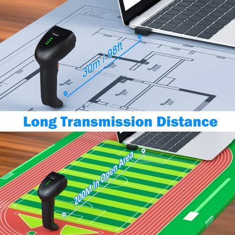 Bluetooth Wireless 2D Barcode Scanner With Auto Sensing Stand Hands Free Scanning When Placed On The Stand Battery Level Indicator And Multi Mode QR Code Reading Ideal For Retail Inventory And Point Of Sale shown next to laptop with distance indication.