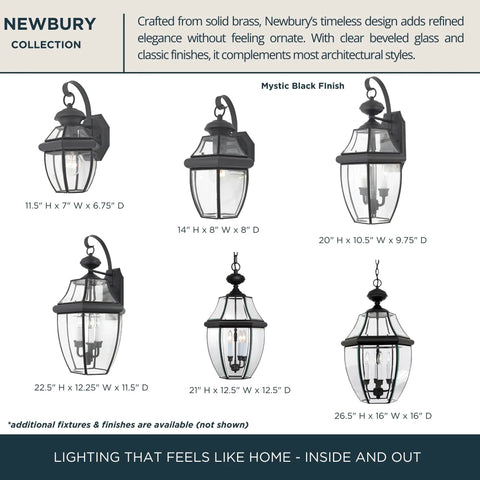 Newbury 14 Inch Outdoor Wall Lantern in Mystic Black With Clear Beveled Glass, Classic French Country Style Lighting