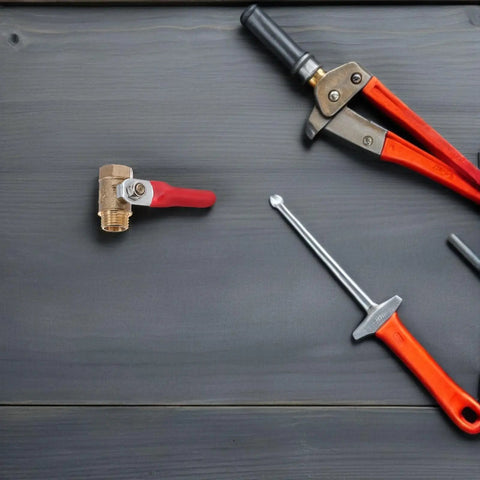 6 Pack Copper Ball Valves With Male Female Threaded Adapters Quick Connect Shutoff Valve Lever Handle For Water Heater And Garden Hose displayed with pliers on a dark wood surface.