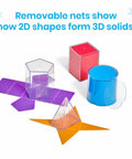 Foldable 3D Geometry Shapes Set for Classrooms, Hands On Geometry Manipulatives with clear solids and colorful nets.