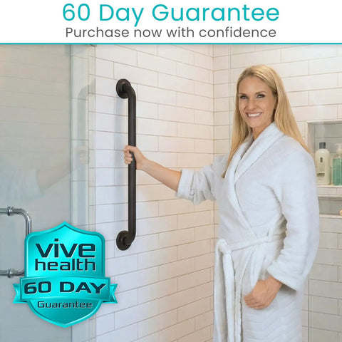 Solid as a Rock Shower Grab Bar Heavy Duty Bathroom Handrail With Zero Slip Grip And Super Strong 440 Lbs Weight Capacity For Senior Mobility Safety Stainless Steel Assist Handle Prevents Falls And Keeps You Stable In The Tub Or Shower Everyday, installed in a shower with a woman holding it.