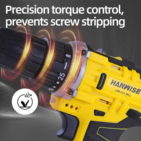 Detail of Workhorse 20V Cordless Drill Set With Brushless Motor showing precision torque control with 25+1 clutch settings.
