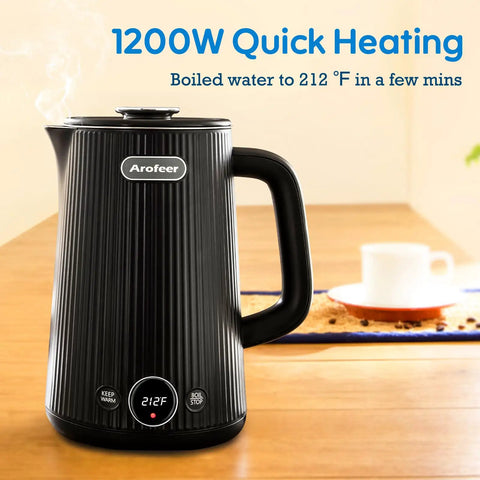 1.7L Large Electric Kettle With Temperature Control, black, shown on wooden table, displaying 212°F, ideal for coffee and tea.