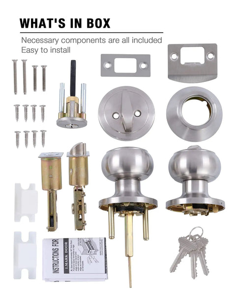 Package contents of Keyed Alike Deadbolt And Door Knob Set With Single Cylinder Lock In Satin Nickel Finish For Front Door