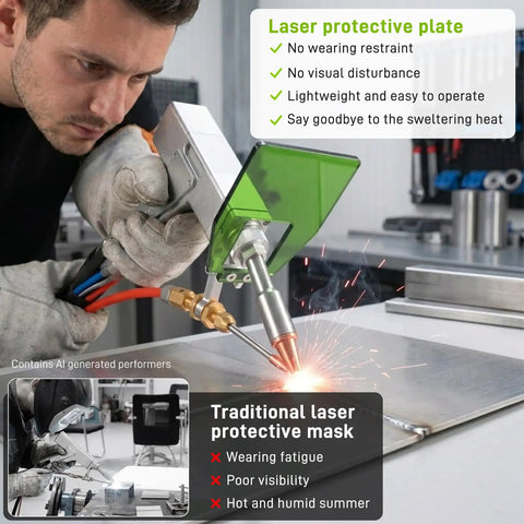 Badass OD5 Plus Green Laser Welding Shield For Handheld Fiber Guns with green protective plate blocking laser beams.