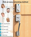 Slick WiFi Smart Deadbolt And Keyless Entry Door Lock With No Sweat App Connect Alexa showing various unlocking methods and keypad.