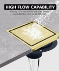 Top Shelf Four Inch Square Shower Drain With Flange Removable Grate Brushed Gold Stainless Steel demonstrating high flow capability.