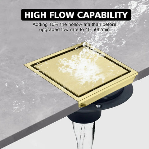 Top Shelf Four Inch Square Shower Drain With Flange Removable Grate Brushed Gold Stainless Steel demonstrating high flow capability.