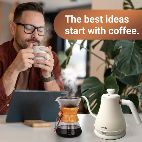 Man enjoying coffee near Stainless Steel Gooseneck Electric Kettle for Pour Over Coffee, Fast 1000W Heating, Auto Shut Off, 27 Fl Oz Milk White