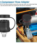 Badass 740112 Air Compressor Hose Adapter and Rock Solid Quick Connect Coupler with Snappy Dust Cap showing secure fit.