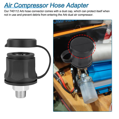 Badass 740112 Air Compressor Hose Adapter and Rock Solid Quick Connect Coupler with Snappy Dust Cap showing secure fit.