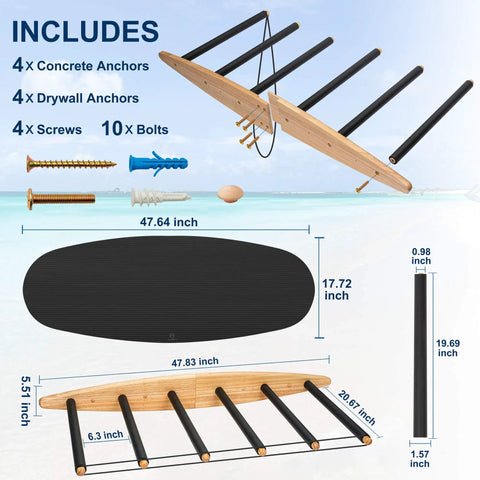 Tough As Nails Vertical Surfboard Rack Wall Mount with six reinforced arms, concrete anchors, screws, and dimensions laid out.