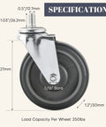 Front view of 5 Inch Shopping Cart Caster Wheel Replacement Kit With Polyurethane Stepped And Full Tread Face Wheels And Hardware TPU Silent Supermarket Wheels High Density Carbon Steel Components Durable And Chemical Resistant 4 Pack Grey showing dimensions and load capacity.