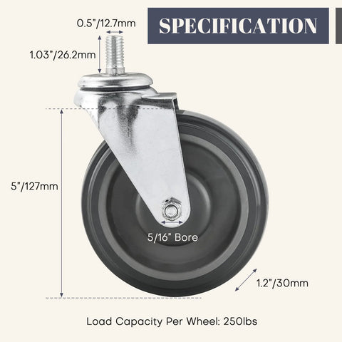 Front view of 5 Inch Shopping Cart Caster Wheel Replacement Kit With Polyurethane Stepped And Full Tread Face Wheels And Hardware TPU Silent Supermarket Wheels High Density Carbon Steel Components Durable And Chemical Resistant 4 Pack Grey showing dimensions and load capacity.