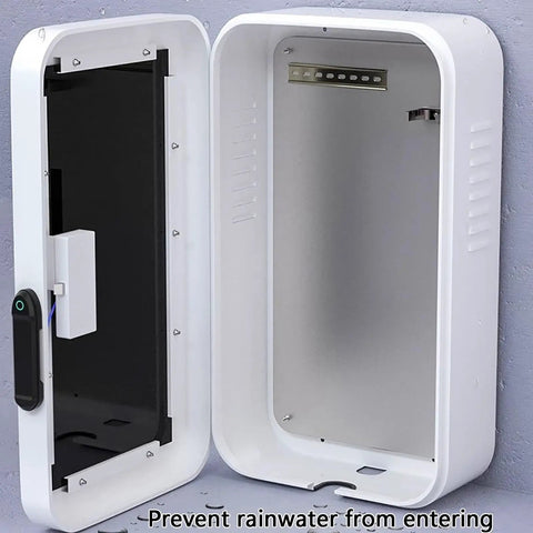 Rock Solid Wall Mounted Charger Cover With Tamper Proof Lock And Integrated Cable Holder For Indoor Outdoor Installations Rugged Steel Box open view showing interior space and mounting options.