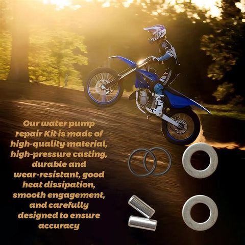 Water Pump Fix Kit for Yamaha Wr250f Yz250f 2001-2013 components with gaskets and seals on dirt bike track background.