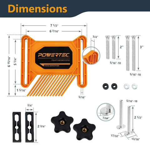 PowerTEC Featherboard kit, orange 2-pack with mounting bolts and knobs (front view)