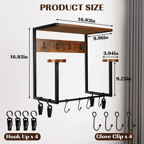 Heavy Duty Wooden Wall Mount Rack Features Dual Safety Hooks To Securely Hang Two Helmets Or Hats While Keeping Your Garage Neat And Serving As A Slick Wall Organizer with dimensions.
