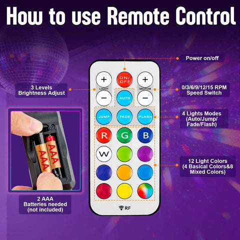 Remote control for Lit Rotating 6 Inch Mirror Ball Party Light with motor, 12 RGBW colors, 4 light modes, variable RPM