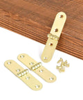 Forty Piece Gold Brass Mini Hinges With Matching Screws Offering No Sweat Installation And Fade Proof Finish Perfect For Tiny Drawers Birdhouses And All Your Weekend Warrior Maker Projects on wooden background.