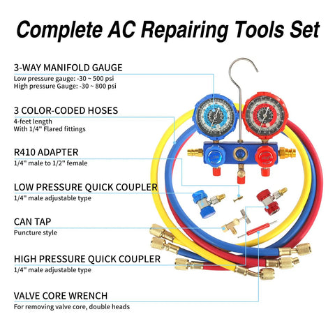 3 Way AC Manifold Gauge Set With Quick Couplers And 410 Adapter For R134A R410A R22 R404A Refrigerants Puncturing Can Tap Valve Core