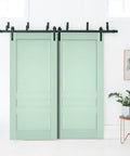 Hella Sturdy Sliding Closet Doors With Smooth Glide Barn Bypass Design Featuring Solid Wood And Glass Panels With Heavy Duty Hardware Kit For Easy Bedroom Or Pantry Upgrade Measuring 72 By 96 Inches in mint green with black hardware.