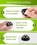 Installation steps for Self Adhesive Appliance Sliders 8 Pack, demonstrating adhesive backing and placement on furniture.
