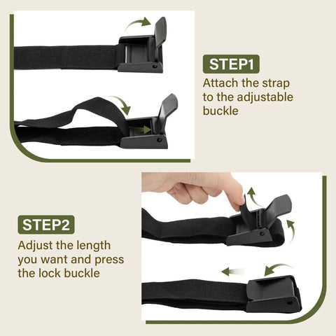 Universal Tree Stand Seat Replacement For Hunting With Adjustable Strap Fits All Ladder Stands And Climbing Treestands Self Locking Buckle System Camouflage Finish showing step-by-step buckle adjustment instructions.