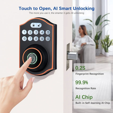Smooth Keyless Entry Deadbolt With Smart Fingerprint Reader And Electronic Keypad Bluetooth App Control No Sweat Setup on a door.