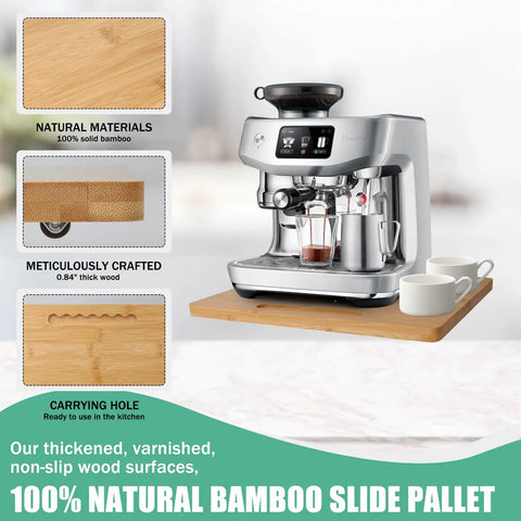 Bamboo Sliding Appliance Tray With Slick Glide Rubber Wheels For Coffee Makers And Air Fryers Natural Wood Countertop Pull Out Organizer That Slides Like A Dream with espresso machine and cups.