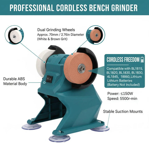 No Drama Heavy Duty Bench Grinder With Permanent Magnet Motor Spinning At 5500RPM And 70mm Grinding Wheels displayed at an angle with dual wheels.
