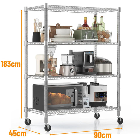 Dang Solid Four Tier Heavy Duty Metal Wire Shelving Unit With Ready To Roll Casters And Super Adjustable Heights For Garage Workshop And Home Tool Storage Rack with kitchen appliances, 183cm height.