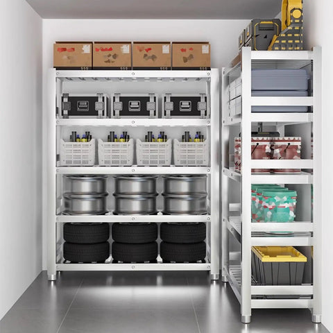 Heavy Duty Stainless Steel Shelving Unit Rock Solid Workhorse For Kitchen Garage Commercial Storage Adjustable Four Tier Metal Rack with various storage bins and tires.