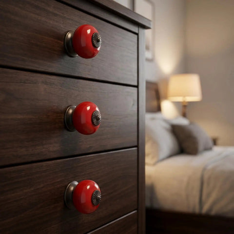 Slick Red Ceramic Cabinet Knobs With Top Notch Retro Flair For Kitchen Cupboards And Dressers One Point Five Inch Round on dresser.