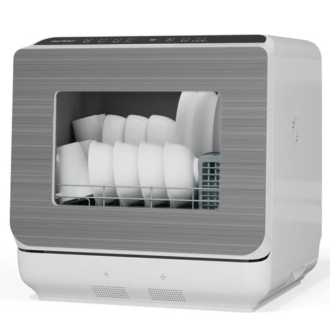 Top Tier Portable Countertop Dishwasher For Apartments And Dorms Featuring Plug And Play Setup Quick Wash Cycles Sleek Footprint And A Slick Build That Makes Scrubbing Dishes Complete Chill with plates inside