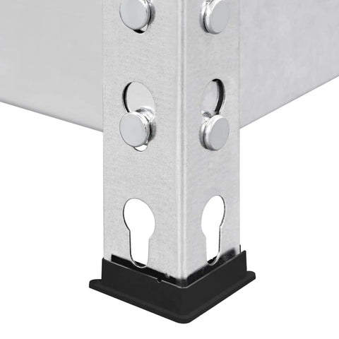 Built Like A Tank Five Tier Storage Shelf With Heavy Duty Iron Frame and Solid Wood Boards Silver Finish corner support leg detail.