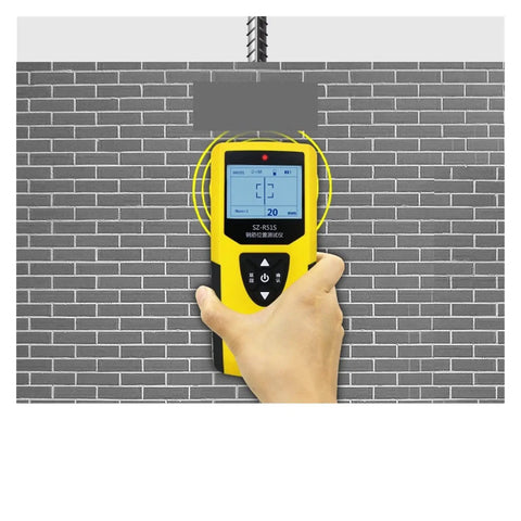 Hand holding a Straight Up Solid Wall Scanner And Rebar Detector for Accurate Concrete Cover Thickness Measurement against a brick wall.