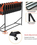 Heavy Duty Life Vest Holder Rack With Smooth Locking Wheels displaying orange life jackets on a durable metal frame.