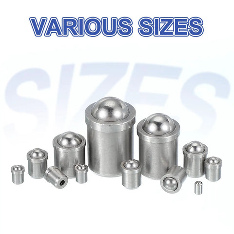 Top Shelf 304 Stainless Steel Ball Plungers With Spring Loaded Catch Design For Slick Cabinet Doors And Heavy Duty Drawers 5X6MM Pack Of 10 displayed in various sizes.