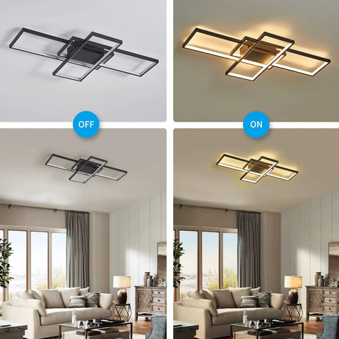 Black Modern Square LED Ceiling Light With Remote Dimmable 60W Built In Array 35 Inch Wide 22 Inch Deep 3 Inch High Fixture Dope Color Temperature Control FCC Listed Energy Efficient Home Chandelier, shown in on and off modes in a living room setting.