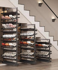 Heavy Duty Premium Adjustable Pull Out Shoe Rack, Stackable Vertical Closet Organizer in a modern entryway with multi-colored shoes.