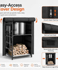 Fire Pit Storage Station For Solo Stove And Other Fire Pits With Heavy Duty Steel Frame And Waterproof Cover Wood Storage Cabinet With Adjustable Shelves for logs and accessories shown with easy-access cover design.