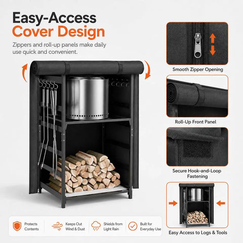 Fire Pit Storage Station For Solo Stove And Other Fire Pits With Heavy Duty Steel Frame And Waterproof Cover Wood Storage Cabinet With Adjustable Shelves for logs and accessories shown with easy-access cover design.