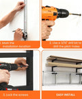 Installation guide showing steps for Heavy-Duty Wall Mounted Lumber Rack assembly, including marking locations and drilling.