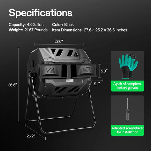 Outdoor Tumbling Composter Dual Rotating Batch Bin 43 Gallon Capacity With Two Chamber Setup for continuous home composting