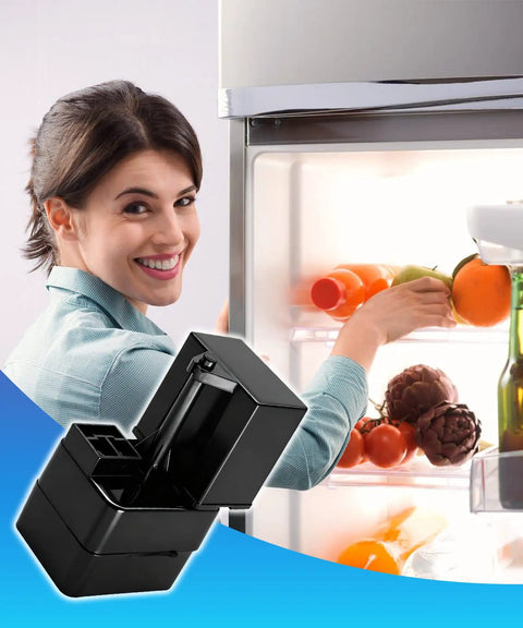 Universal Compressor Start Relay And 15 Mfd Run Capacitor Kit Fits Frigidaire And Kenmore Fridges displayed with a woman using a fridge.